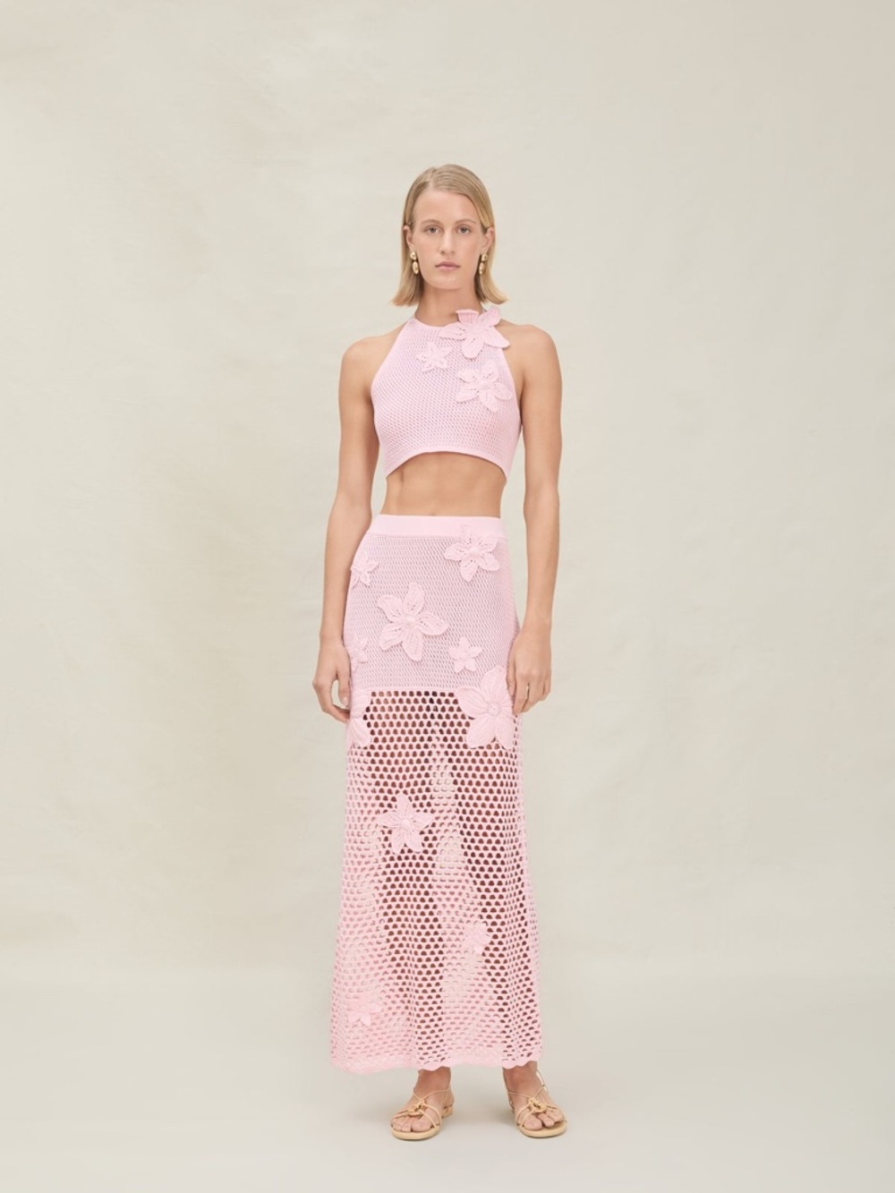 Pink Crochet Maxi Skirt with Floral Appliqué